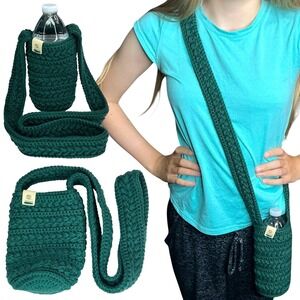 Handmade Green Crochet Water Bottle Holder Bag Wheat Stitch Boho Crossbody